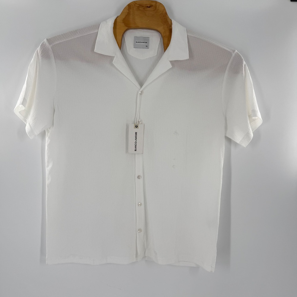 Blanco By Nature Mens XL White Textured Short Sleeve Camp Collar Button Up Shirt